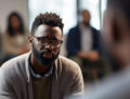 Sad anxiety depressed black man at support group meeting for mental health and addiction issues in anonymous community space with many people around